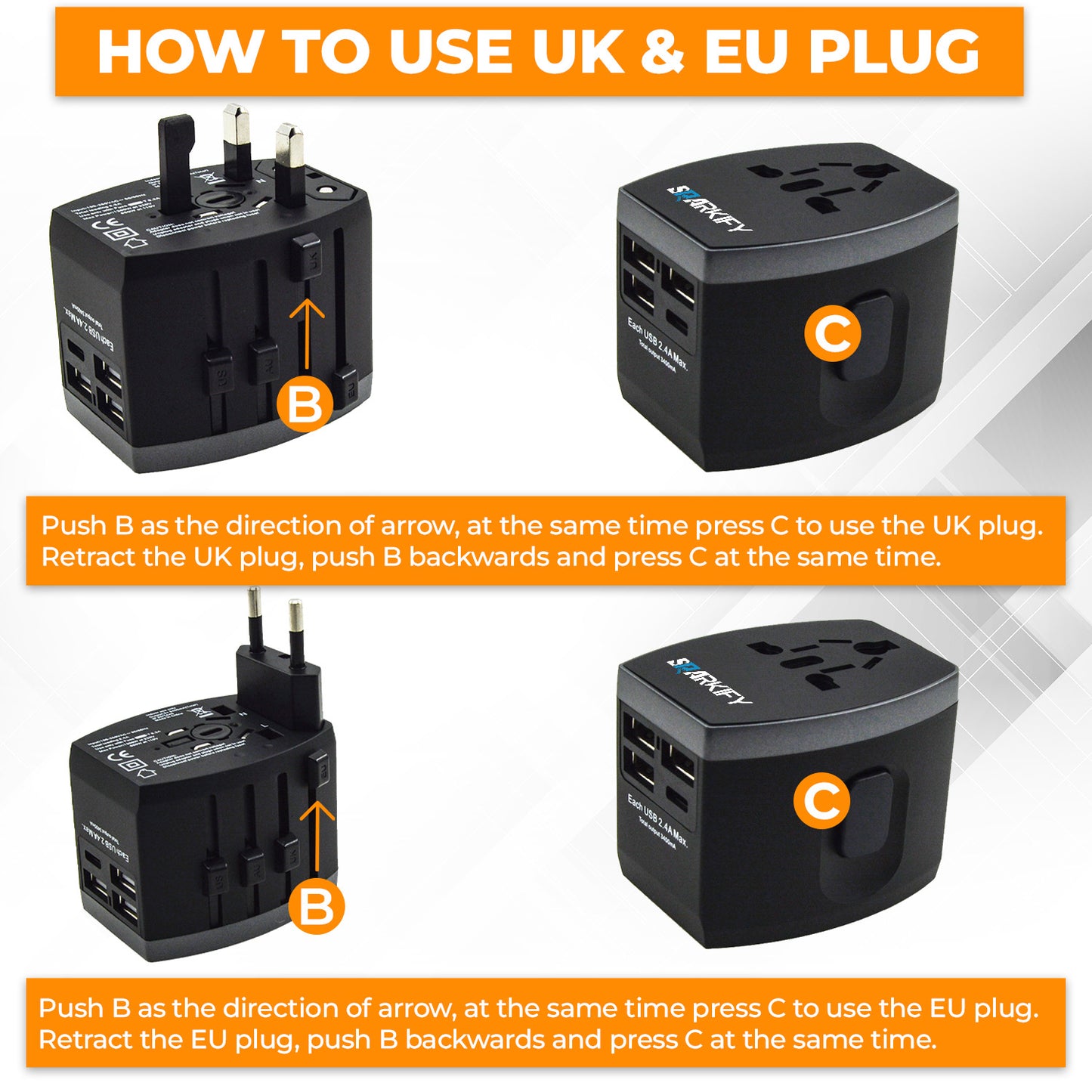 SPARKIFY Universal Travel Adapter with 3 USB & USB-C Ports