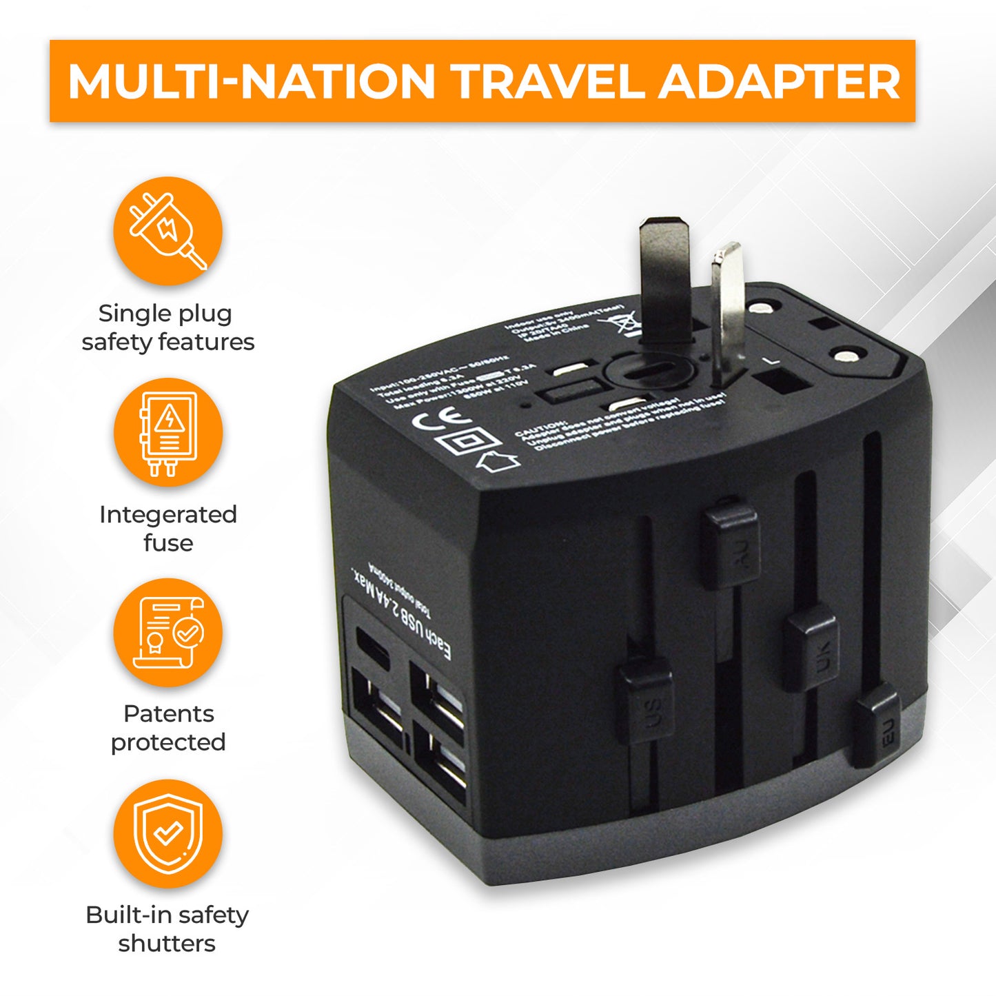 SPARKIFY Universal Travel Adapter with 3 USB & USB-C Ports
