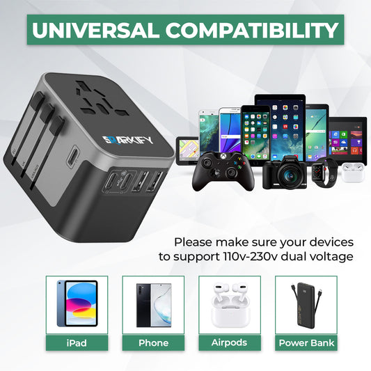 SPARKIFY Universal Travel Adapter – Worldwide Plug Adapter with 3 USB-C & 2 USB-A Ports for 200+ Countries