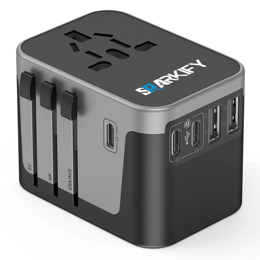 SPARKIFY Universal Travel Adapter – Worldwide Plug Adapter with 3 USB-C & 2 USB-A Ports for 200+ Countries